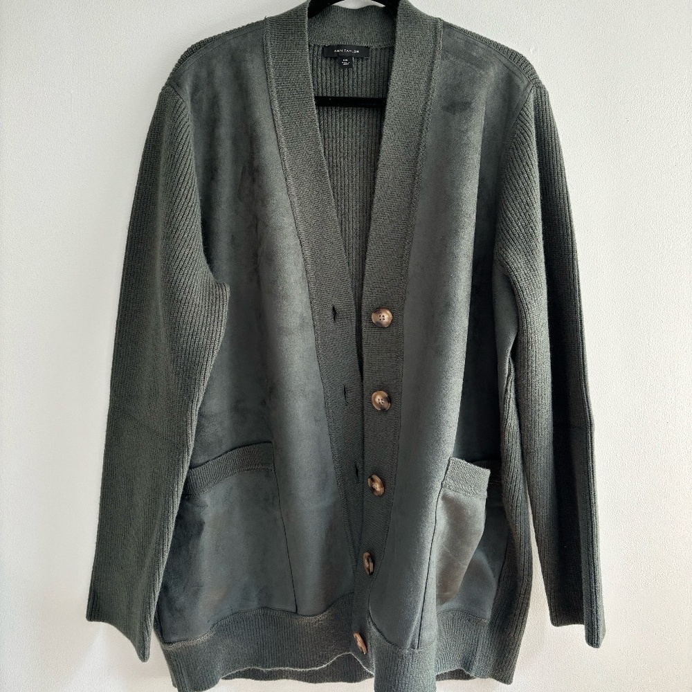 Ann Taylor Mixed Media Faux Suede & Knit Cardigan Sweater, Green size XXL